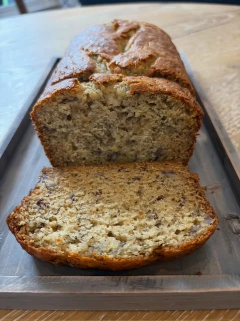 A freshly sliced loaf of Etta’s banana bread